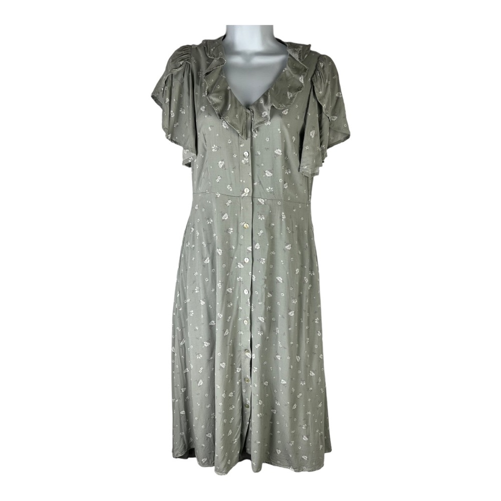 Bohme Floral Midi Dress Ruffle Pale Green Floral Button Front sz M